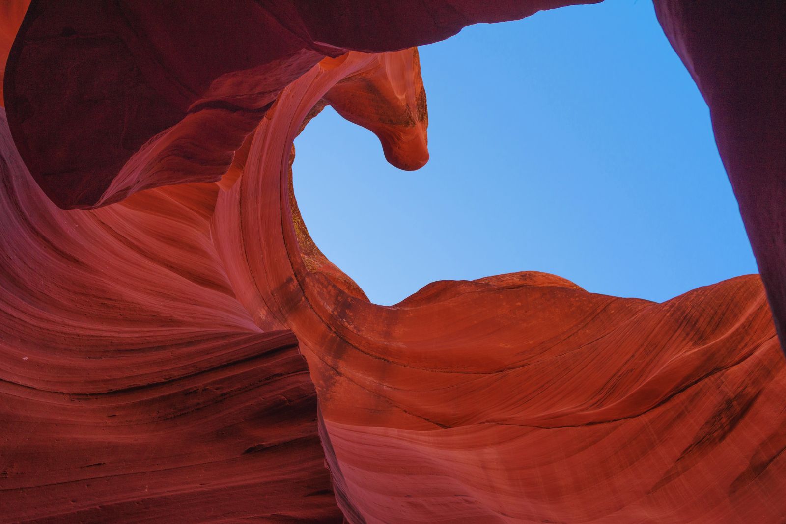 Curving red sandstone walls opening to a patch of blue sky in Lower Antelope Canyon